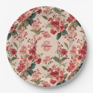 Assiettes En Carton Azalée rose vintage motif floral - Classique