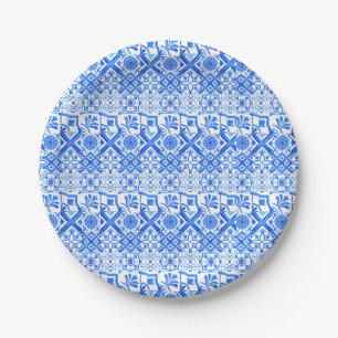 Assiettes En Carton Azulejo bleu et blanc Motif Azul espagnol