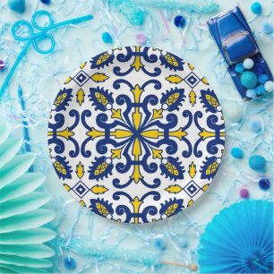Assiettes En Carton Azulejo Portugais Jaune Bleu Décor