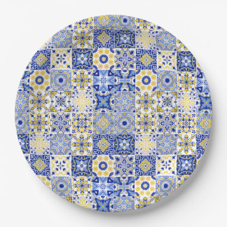 Assiettes En Carton Azulejo portugais majolique mosaïque bleu et jaune