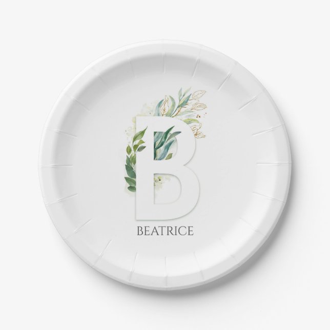 Assiettes En Carton B Monogram Gold Green Feuilles Nom élégant (Devant)