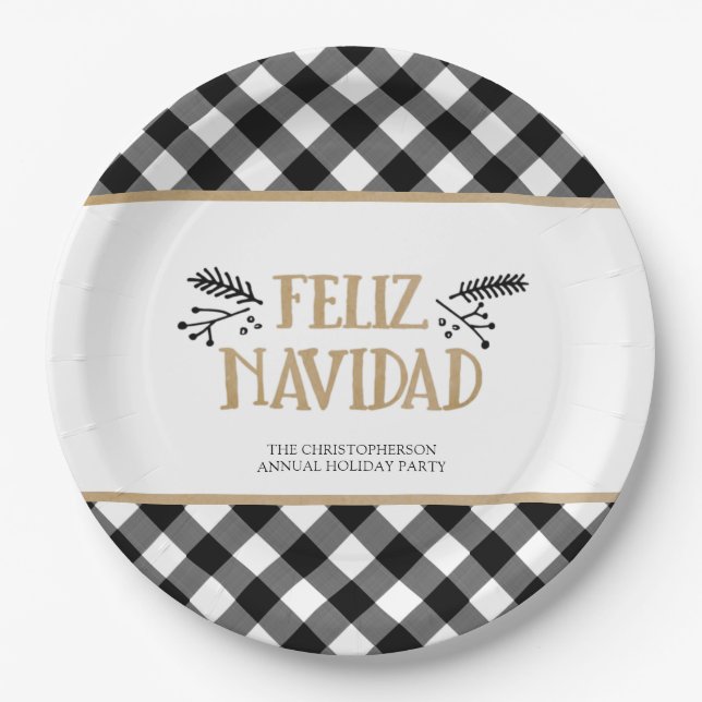 Assiettes En Carton B&W Buffalo Check FELIZ NAVIDAD Personnalisé (Devant)