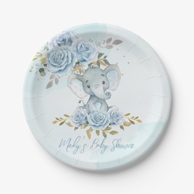Assiettes En Carton Baby Blue Floral mignonne Elephant Baby shower gar (Devant)