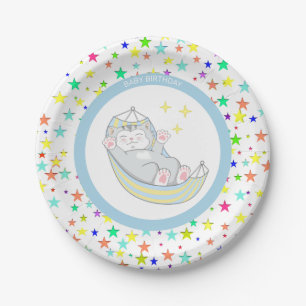 Assiettes En Carton Baby Boy Anniversaire Kitty Cat et étoiles multico
