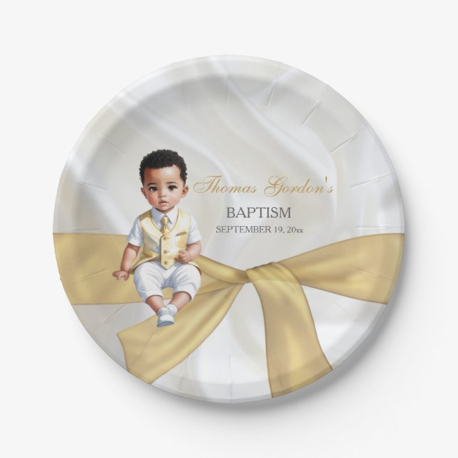 Assiettes En Carton Baby Boy Baptism Christening Blanc & Or (Devant)