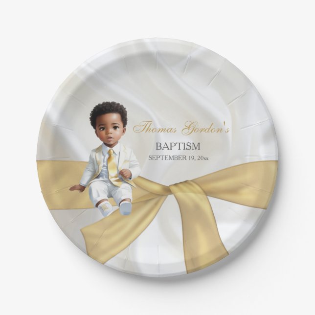 Assiettes En Carton Baby Boy Baptism Christening Blanc & Or (Devant)