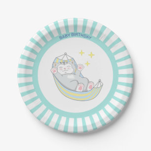 Assiettes En Carton Baby Boy Birthday Kitty Cat on Light Blue & White
