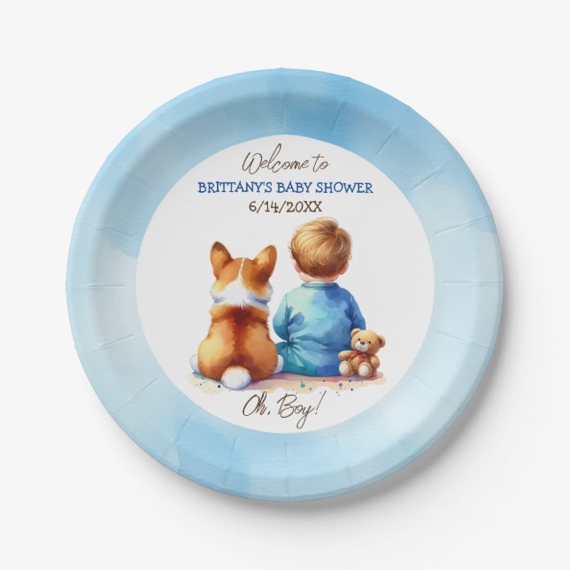 Assiettes En Carton Baby Boy et son Baby shower Corgi Puppy (Devant)