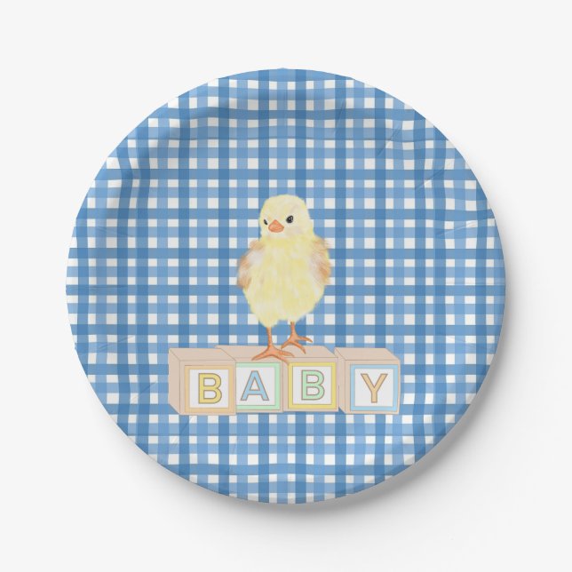 Assiettes En Carton Baby Boy Little Chick Blue En vichy (Devant)