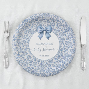 Assiettes En Carton Baby Boy Shower Bleu et Blanc Motif Floral à Ruban