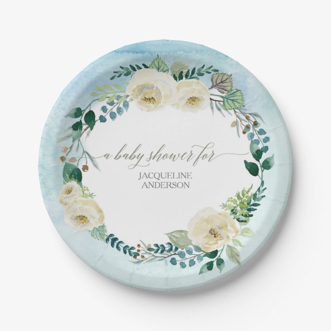 Assiettes En Carton Baby Boy Shower Rustic Wreath Blue w Ivory Roses (Devant)