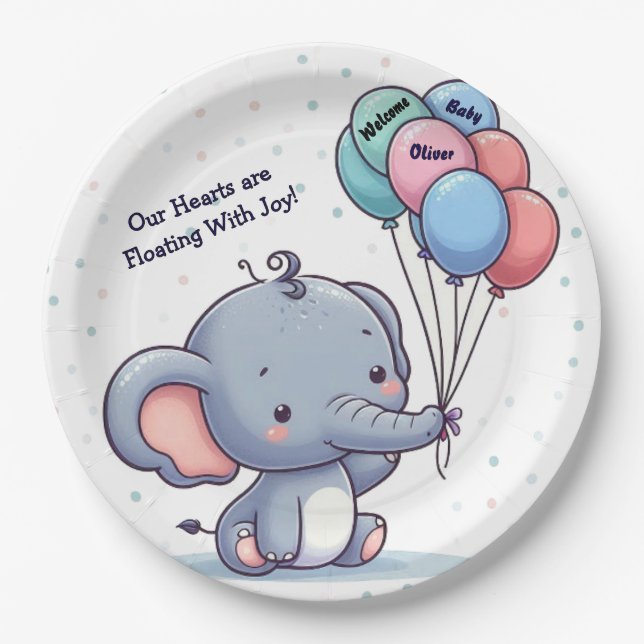 Assiettes En Carton Baby Elephant Balloon Baby Shower Paper Plates  (Devant)