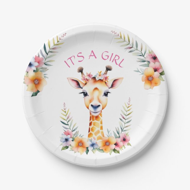 Assiettes En Carton Baby Giraffe Floral, C'est une fille | BABY SHOWER (Devant)