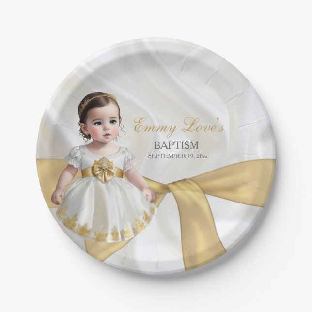Assiettes En Carton Baby Girl Baptism Christening Blanc & Or (Devant)