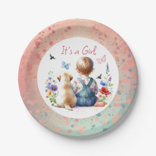 Assiettes En Carton Baby Girl et son chiot C'est une aquarelle fille