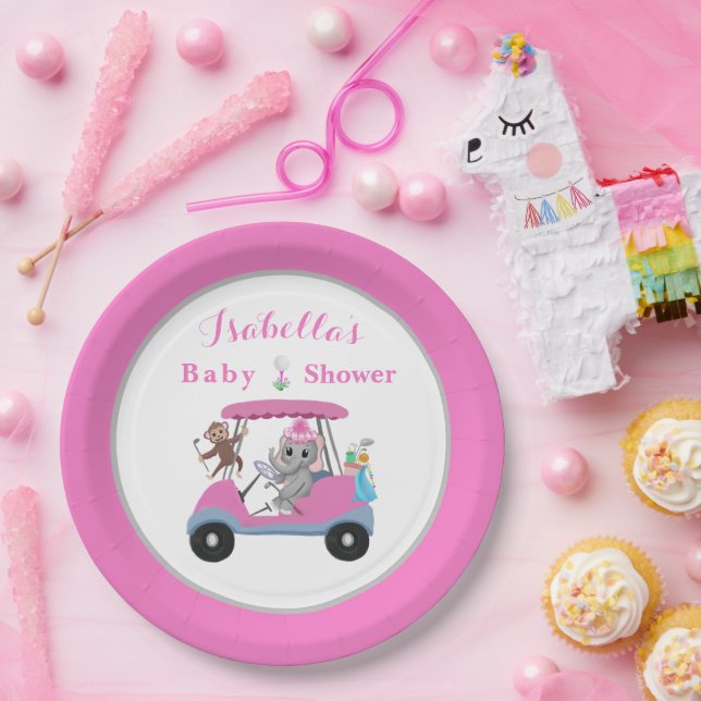 Assiettes En Carton Baby Girl Golfing Elephant & Monkey Douche (Fête)
