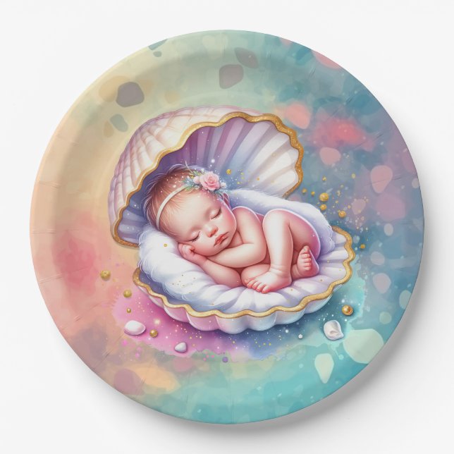 Assiettes En Carton Baby Girl in a Seashell Baby shower (Devant)