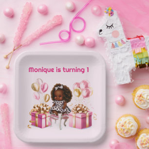Assiettes En Carton Baby Girl Peau Brown 1ère fête d'anniversaire