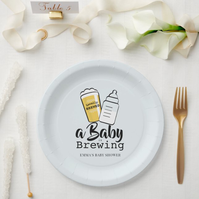 Assiettes En Carton Baby is Brewing Beer Baby Bottle Blue Baby Shower (Mariage)