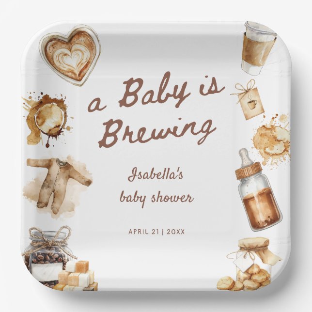 Assiettes En Carton Baby Is Brewing Coffee Brown Baby Shower (Recto)