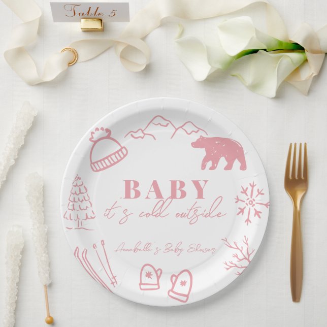 Assiettes En Carton Baby It's Cold Outside Hand-drawn Pink Baby Shower (Mariage)