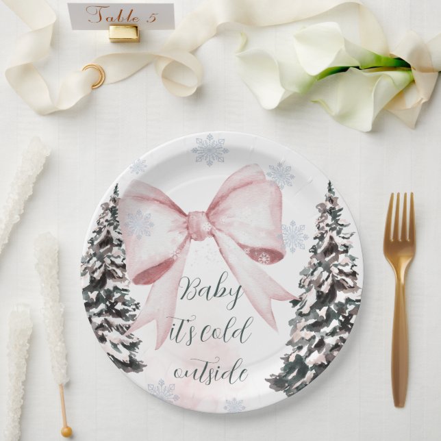Assiettes En Carton Baby It's Cold Outside Pink Bow Baby Shower (Mariage)