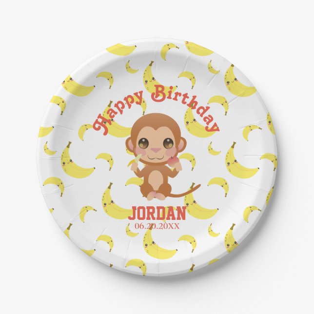 Assiettes En Carton Baby Monkey Banana Motif Joyeux anniversaire (Devant)