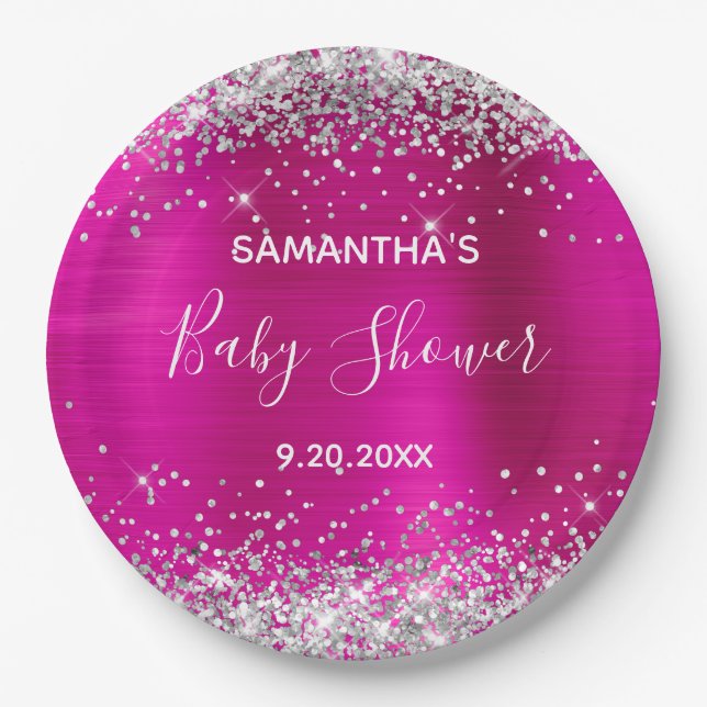 Assiettes En Carton Baby shower à huile rose chaud Parties scintillant (Devant)