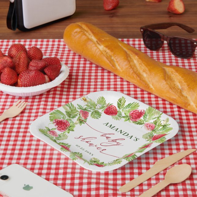 Assiettes En Carton Baby shower à l'aquarelle tendance Meadow Strawber (Pique-nique)