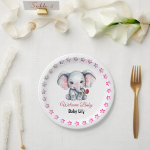 Assiettes En Carton Baby Shower à l'éléphant rose aquarelle