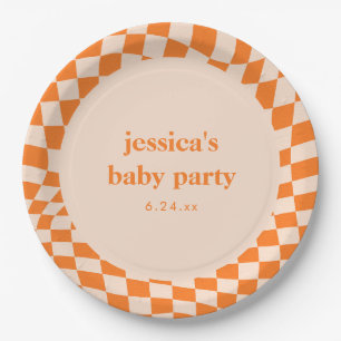 Assiettes En Carton Baby Shower Abstrait Rétro Orange Damier