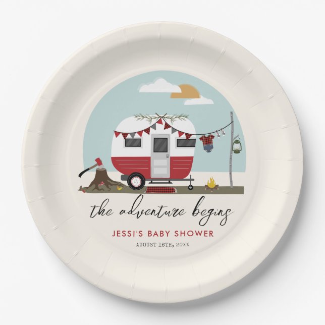 Assiettes En Carton Baby shower Adventure Camper Rouge Lumberjack (Devant)