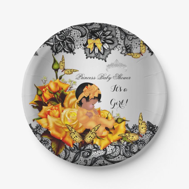 Assiettes En Carton Baby shower afro-américain fille papillon jaune (Devant)