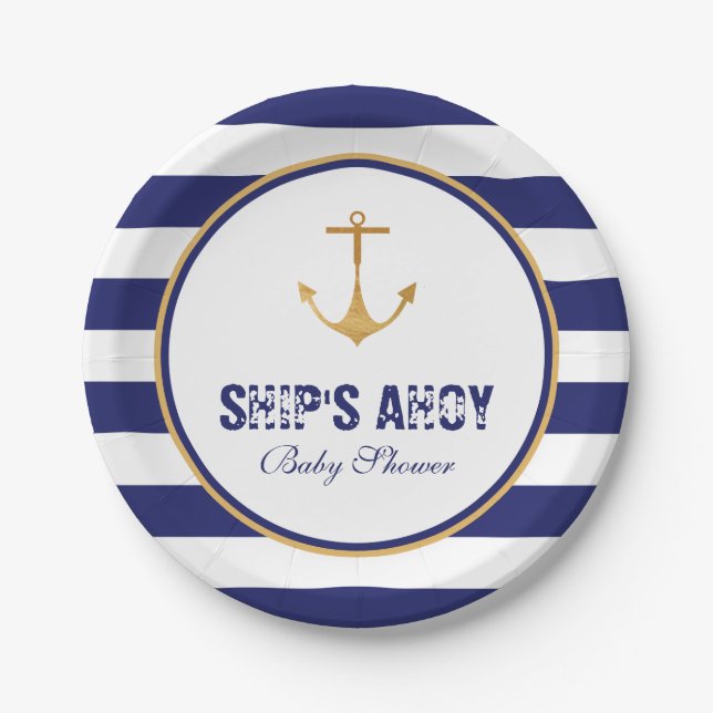 Assiettes En Carton Baby shower Ancre nautique (Devant)