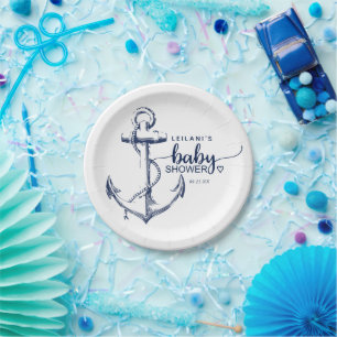 Assiettes En Carton Baby shower Ancre nautique Plaques de papier blanc