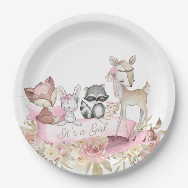 Assiettes En Carton Baby shower animal de Girl Woodland (Devant)