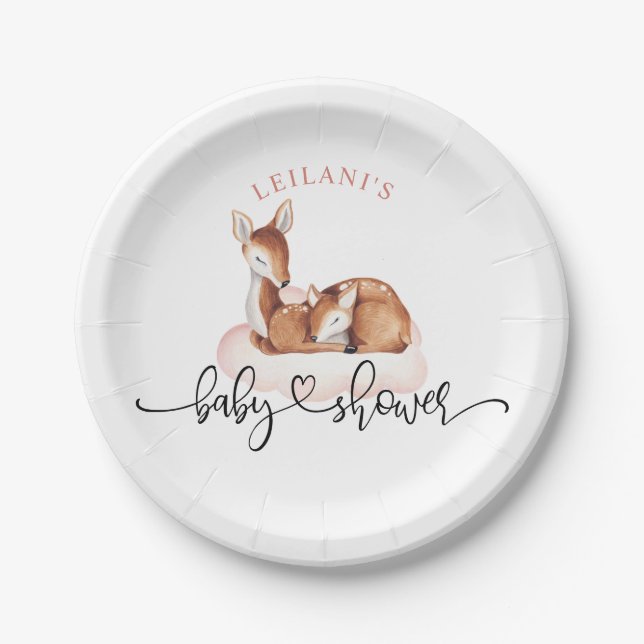Assiettes En Carton Baby shower aquarelle cerf nuage rose (Devant)