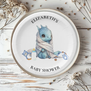 Assiettes En Carton Baby shower aquarelle Dragon bleu 