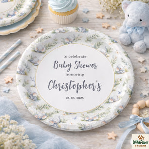 Assiettes En Carton Baby-Shower aquarelle éléphant garçon – Safari ble