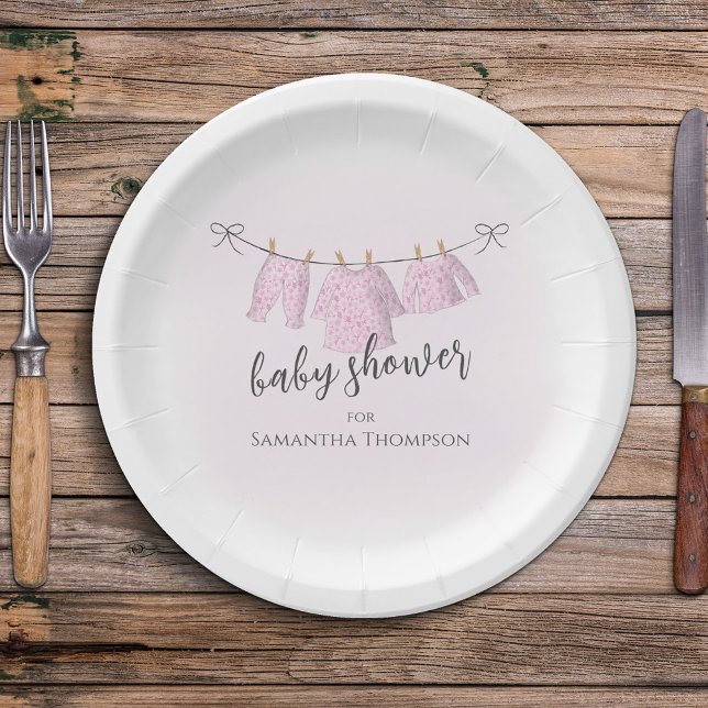 Assiettes En Carton Baby shower Aquarelle Rose Fille Ligne de Vêtement (Baby shower custom party paper plate. )