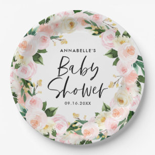 Assiettes En Carton Baby shower aquarelle rose girly script floral