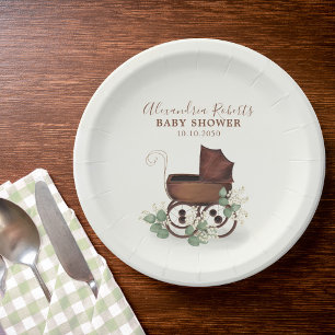Assiettes En Carton Baby shower Aquarelle Rustique Eucalyptus Floral