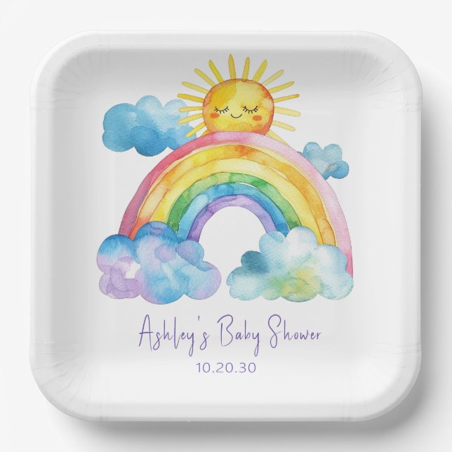 Assiettes En Carton Baby shower arc-en-ciel aquarelle (Recto)