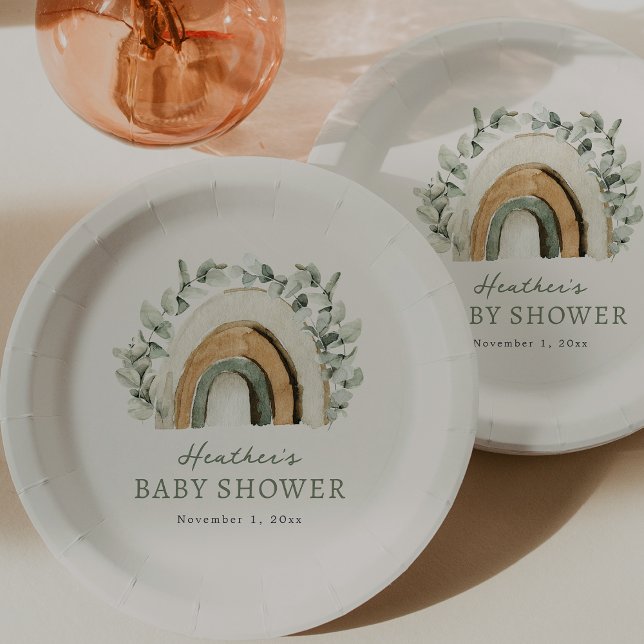 Assiettes En Carton Baby shower arc-en-ciel Boho (Boho Eucalyptus Rainbow Baby Shower Paper Plates Table Decor by Painted Paperie
)