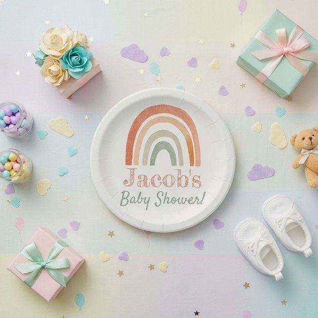 Assiettes En Carton Baby shower arc-en-ciel neutre en terre cuite (Terracotta neutral rainbow baby shower paper plates.)
