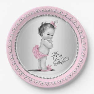 Assiettes En Carton Baby shower argenté rose vintage de fille