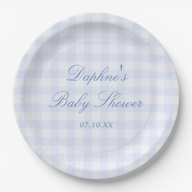 Assiettes En Carton Baby shower au vichy bleu (Devant)