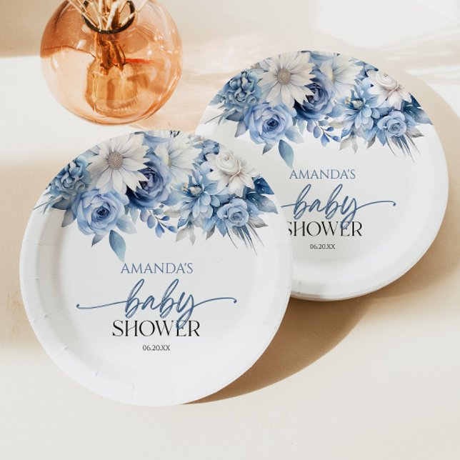 Assiettes En Carton Baby shower aux fleurs bleues poussiéreuses (Créateur téléchargé)