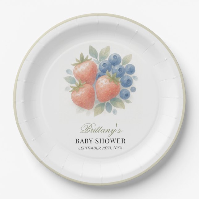 Assiettes En Carton Baby shower aux fraises et aux bleuets (Devant)
