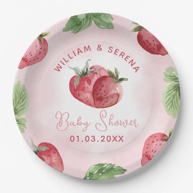 Assiettes En Carton Baby shower aux fraises roses (Devant)
